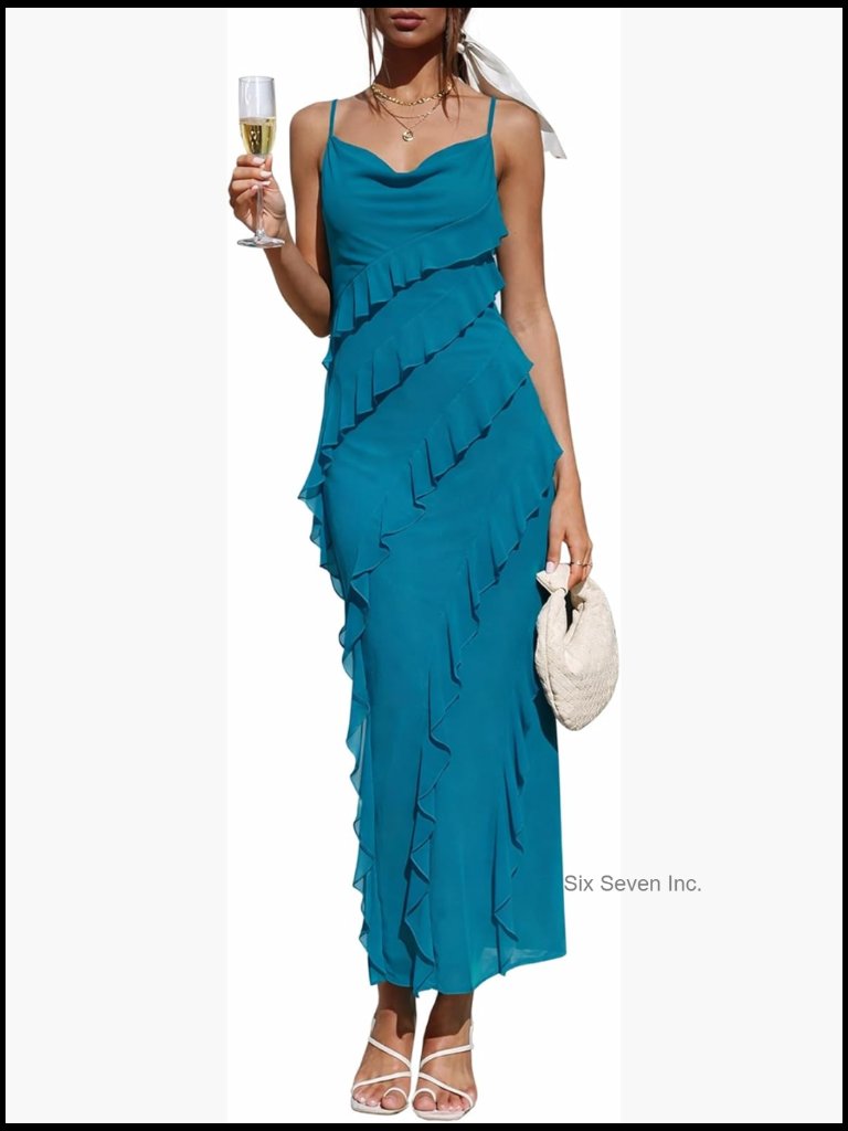 Spaghetti Strap Bodycon Maxi Dress Ruffle Formal Cocktail Guest